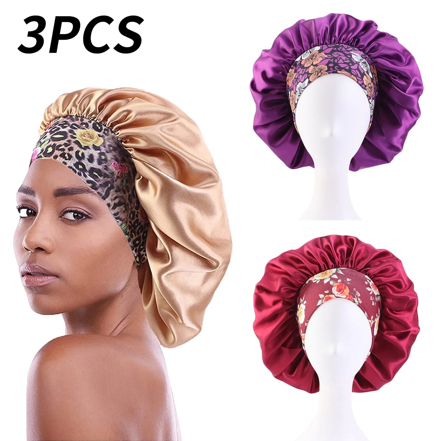 3 Pcs Hair Bonnets for Women, Soft Satin Hair Bonnet for Sleeping, Elastic Wide Band Silk Sleep Bonnet for Black Women, for Long Curly Hair Big Capacity