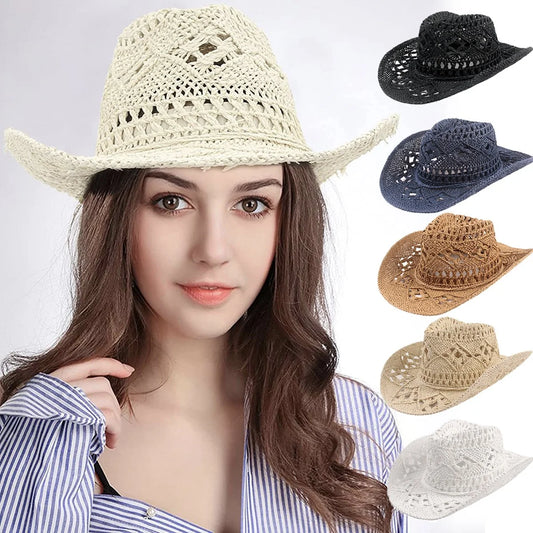 Men Women'S Summer Cowboy Cowgirl Straw Hat Hollow Out Woven Roll up Wide Brim Hat