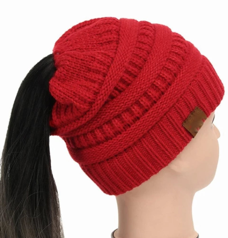 High Bun Ponytail Beanie Hat Chunky Soft Stretch Cable Knit Warm Fuzzy Lined Skull Beanie Acrylic Hats Men and Women