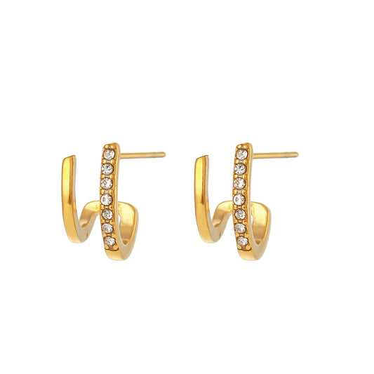 2023 New Crystal Paved Double Layer Hollow Huggie Earrings for Ladies Small Gold Plated Stainless Steel Stud Earrings